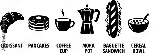 Flat design breakfast food silhouette set with croissant pancakes coffee cup moka pot baguette sandwich cereal bowl close up black