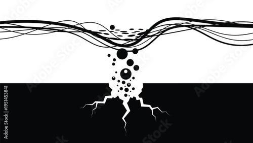 Stylized illustration of cracked ground beneath water with bubbles, depicting an underwater earthquake, volcanic activity, or geological instability.