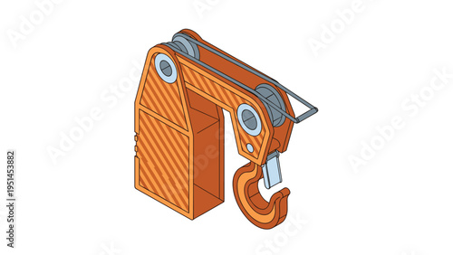 Isometric 3D rendering of a robust crane hook with pulleys, essential for heavy lifting, construction, and industrial operations.