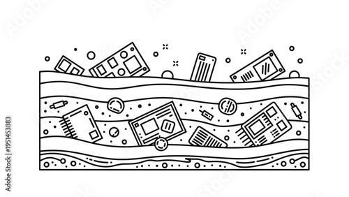 Cross-section illustration of ground layers with buried electronic circuit boards, representing e-waste, digital archaeology, and environmental impact.