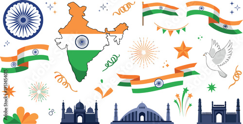 India Independence Day Icon Set with Tricolor Flag Map Ashoka Chakra and Landmarks