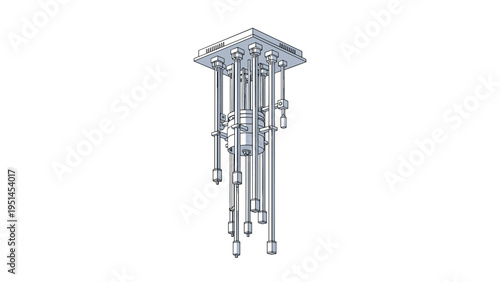 Complex 3D rendering of a cryostat, a crucial device for quantum computing, scientific research, and maintaining ultra-low temperatures.