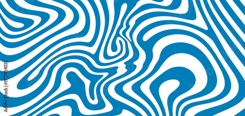 Psychedelic swirl groovy pattern, blue trippy abstract background, wave water ripple lines, vector spiral line pattern, isolated vibrant illustration