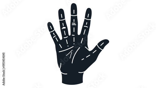 Silhouette of a human hand with spread fingers, showcasing palm lines and the universal gesture of greeting or stop.