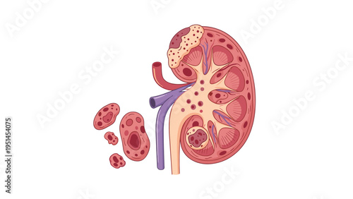Detailed cross-section illustration of a human kidney with kidney stones, depicting renal disease, urinary health issues, and medical conditions.