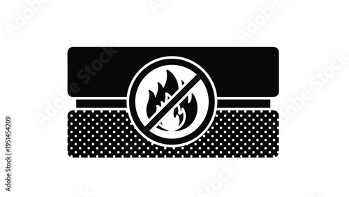 Simple black and white icon depicting a mattress or bed with a crossed-out flame symbol, indicating fire safety or non-flammable material.
