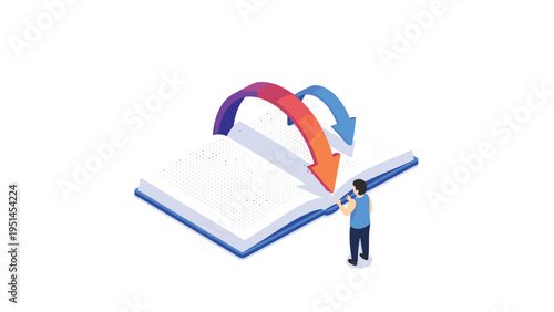 Small human figure stands near a large open book with colorful arrows arcing over its pages, illustrating learning, knowledge transfer, or information exchange.