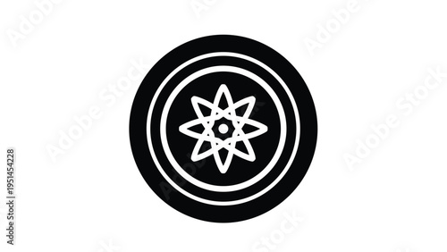 Black and white icon of an atom symbol encased in two concentric circles, representing science, nuclear energy, or particle physics.