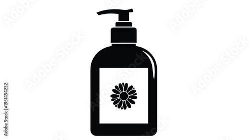 Black and white icon of a pump bottle with a flower on its label, representing cosmetic products, hand soap, or natural skincare.
