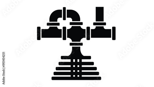 Black and white icon depicting a complex pipe system connected to a foundational structure, representing plumbing, infrastructure, or industrial utilities.
