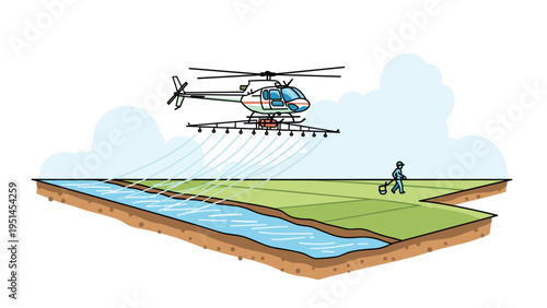 Agricultural helicopter spraying crops over a field alongside a river, with a farmer working in the background, illustrating modern farming techniques.