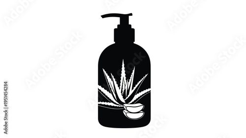 Black and white icon of a pump bottle with aloe vera leaves and sliced pieces, representing natural skincare, organic cosmetics, or herbal products.