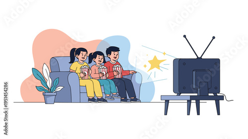 Three children sitting on a couch, eating popcorn and happily watching television, symbolizing family entertainment and leisure time.