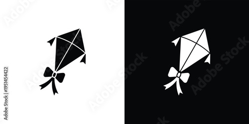 Black and white kites with bows on white and black background black kite ribbons