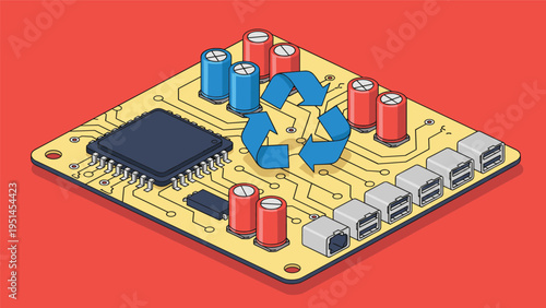 Circuit board with a recycling symbol at its center, surrounded by electronic components, representing e-waste recycling and sustainable technology.