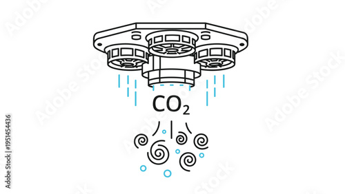 CO2 gas being emitted from a ceiling device with swirling patterns, symbolizing carbon dioxide emission control or air quality monitoring.