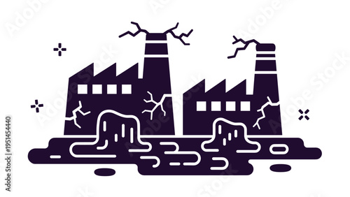 Polluted industrial factories with cracked structures and toxic waste flowing out, illustrating environmental pollution and industrial damage.