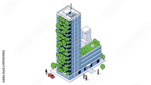 Modern green building with trees and foliage integrated into its design, representing sustainable architecture, eco-friendly living, or urban ecology.