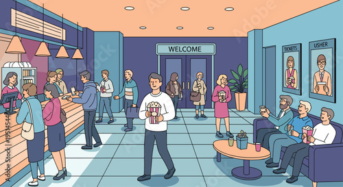 Crowds of moviegoers visit a modern cinema lobby to buy tickets and popcorn before their film screening starts.