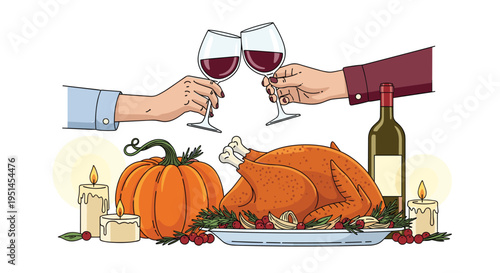Two people toast with red wine over a festive Thanksgiving dinner featuring a roasted turkey, pumpkin, and candles.