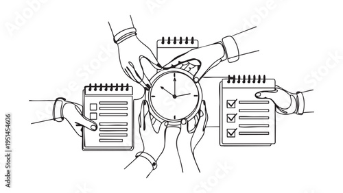 A black and white line drawing of hands holding a clock and notepads