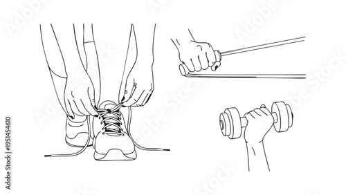 A black and white line drawing of a person tying their shoelaces with a detailed view of the hands and feet