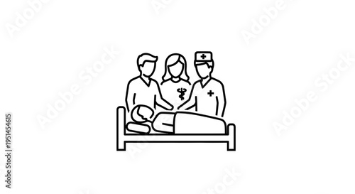 Family and Doctor Visit Patient in Hospital Bed, Medical Care and Support Icon