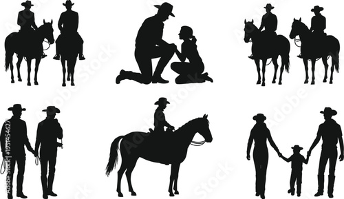 Cowboy silhouette illustration, western vector, horse clipart, ranch design, rodeo motif, family icon, equestrian symbol, country graphic, concept art