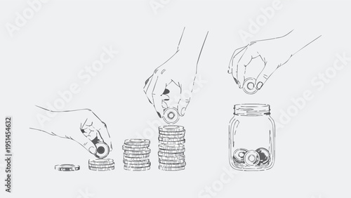 A black and white illustration of hands stacking coins and a jar