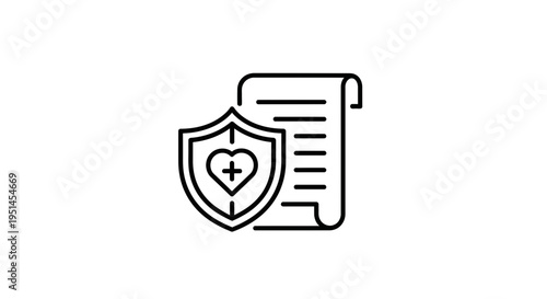 Health insurance policy icon with shield and heart symbol, medical protection concept