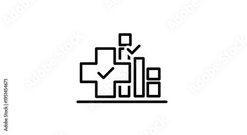 Health Data Analysis and Statistics Icon: Plus Sign, Bar Chart, Checkmarks