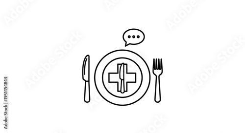 Healthy Eating Concept: Plate with Medical Cross and Cutlery, Speech Bubble