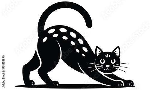 Adorable black cat in playful stretch with spotted fur and curled tail, showcasing feline elegance on a clean white background, perfect for pet lovers and cat enthusiasts alike
