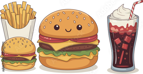 Fast food cartoon illustration, burger vector, fries clipart, soda design, snack motif, meal icon, playful symbol, kids graphic, concept art