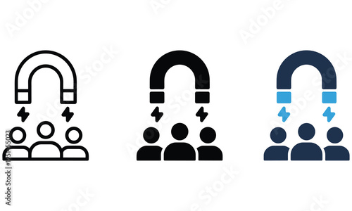 Magnet attracting people icons in simple line graphic illustration showcasing attraction and magnetism concept in various styles and colors conveying engagement and influence effectively 