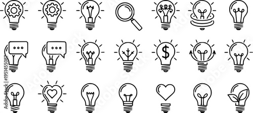Innovative light bulb icons representing ideas and concepts in simple line art
