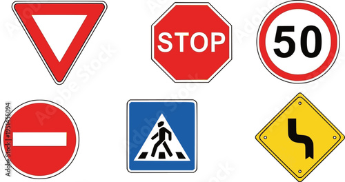 Black and white traffic signs collection: yield, stop, speed limit, no entry, pedestrian, curvy road
