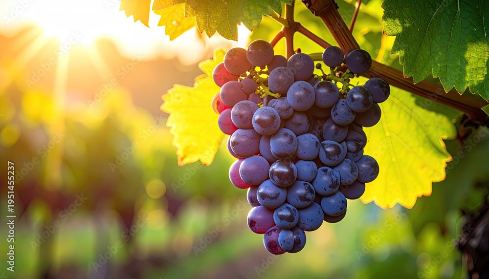 Fototapeta premium Ripe Grapes Hanging on a Vine in Golden Sunlight