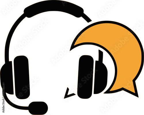 Set of headset icons with speech bubble, cogwheel, monitor, heart, and globe
