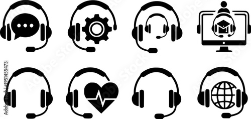 Set of headset icons with speech bubble, cogwheel, monitor, heart, and globe
