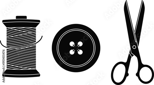 Black and white minimalist vector icons of sewing essentials featuring a wooden thread spool with needle, a classic four-hole button, and sharp tailor scissors.