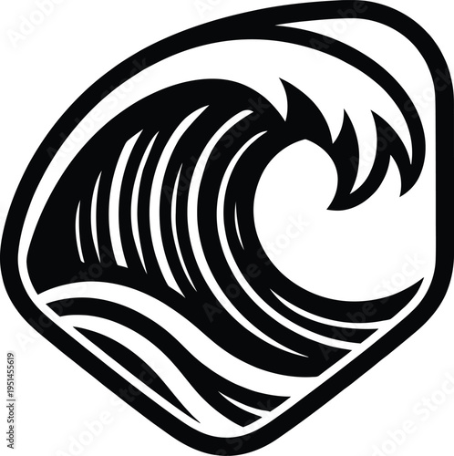 Bold black and white ocean wave graphic icon for surfing brand logo design sticker or summer beach apparel.