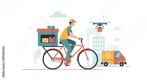 Modern Urban Delivery Network: Bicycle Courier, Delivery Van, and Drone Logistics for E-commerce and Last-Mile Shipping