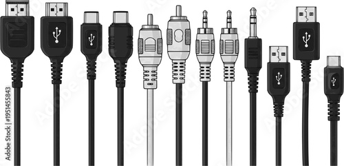 Various types of audio and video cables in black and white illustration
