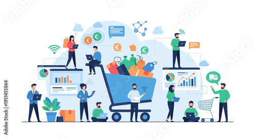 E-commerce & Digital Marketing Concept: People Managing Online Sales, Business Analytics, and Logistics Around a Shopping Cart