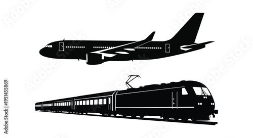 A stark depiction of an airplane and train traveling presented as a bold contrasting silhouette high quality professional detailed modern elegant