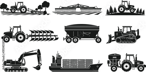 Black silhouette vector icons of heavy machinery including agricultural farm tractors with plows, industrial excavators, cargo ships, grain trailers, and bulldozers for commercial transport.