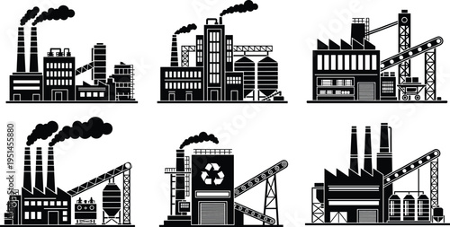 Black silhouette vector icons of industrial factory buildings featuring smoking chimneys, conveyor belts, recycling plants, manufacturing facilities, and warehouses for heavy industry and production.