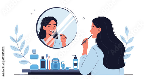 Young woman follows a morning hygiene routine by brushing her teeth in front of a bathroom mirror with dental products.