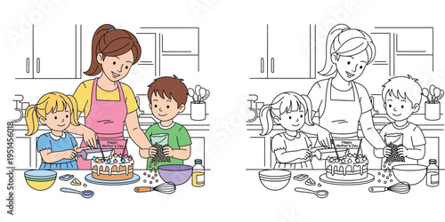 Happy Mother's Day Cake Decoration: Mother and Children Baking Together